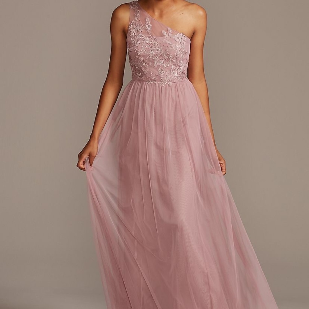 David’s bridesmaid dress Style F20121. Color Quartz
